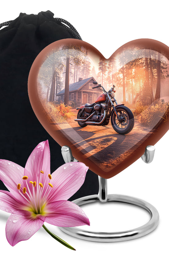 Ruby Red Bike Cremation Urn detail view - romantic heart urn with bike motif on aluminum - full-size 10 inch 200 cubic inch adult cremation urn