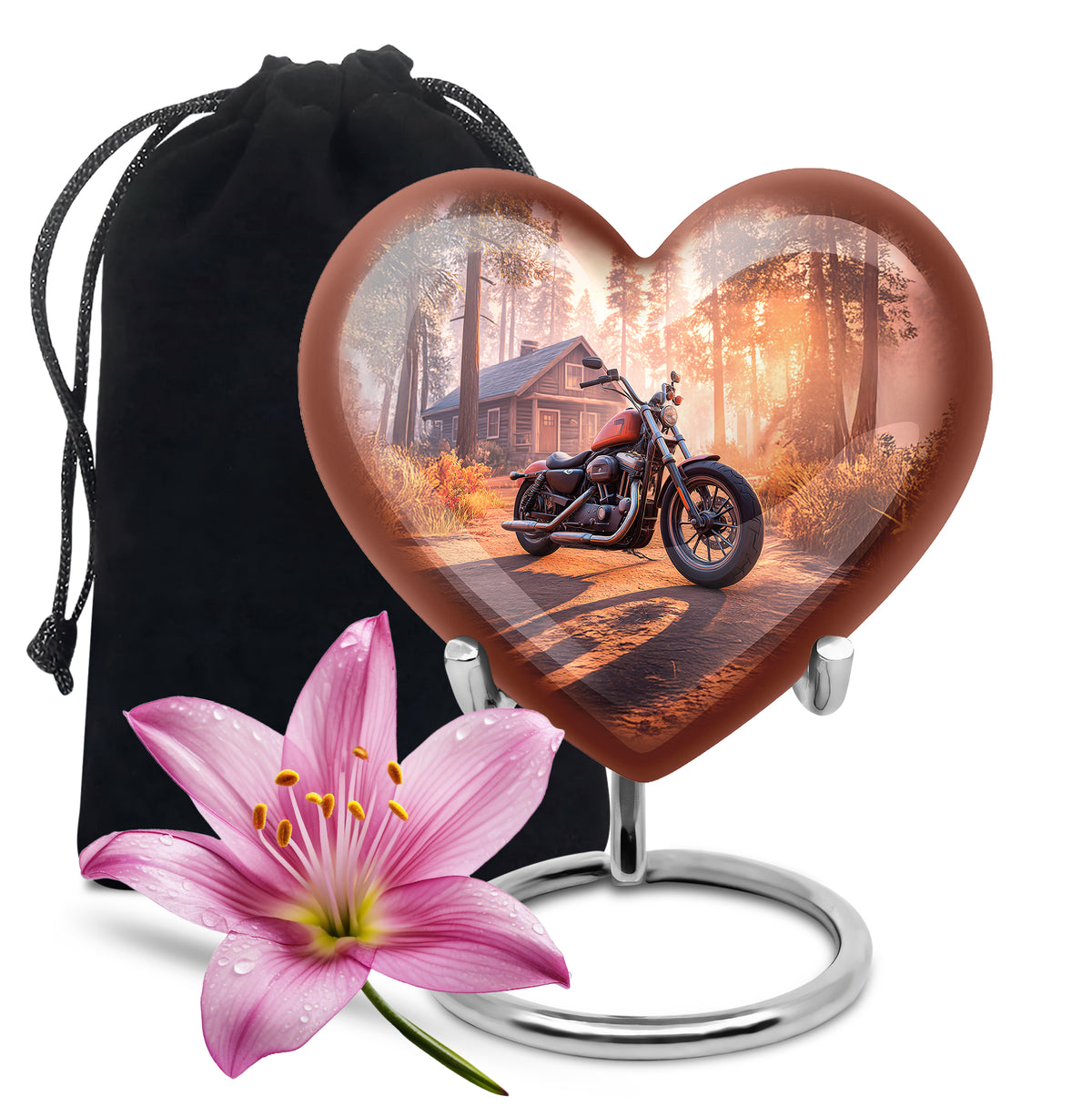 Ruby Red Bike Cremation Urn detail view - romantic heart urn with bike motif on aluminum - full-size 10 inch 200 cubic inch adult cremation urn