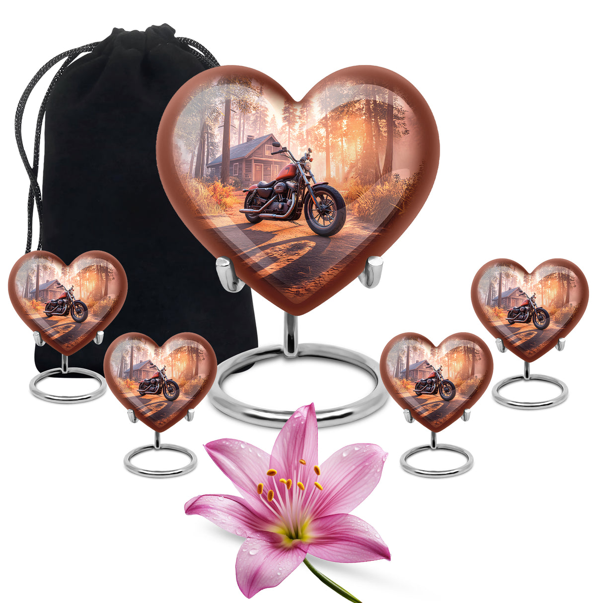 Deep Red Bike Cremation Urn close-up of engraving and surface detail - loving heart memorial featuring bike pattern - memorial set with one large and four small urns