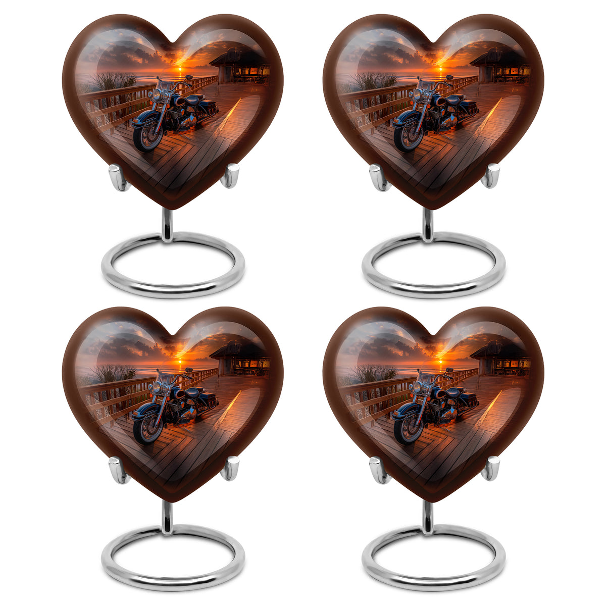 Jet Black Bike Cremation Urn angled view of lid and engraved motif - loving heart memorial featuring bike pattern - 10 inch aluminum urn for cremated remains