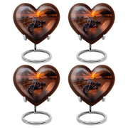 Jet Black Bike Cremation Urn angled view of lid and engraved motif - loving heart memorial featuring bike pattern - 10 inch aluminum urn for cremated remains
