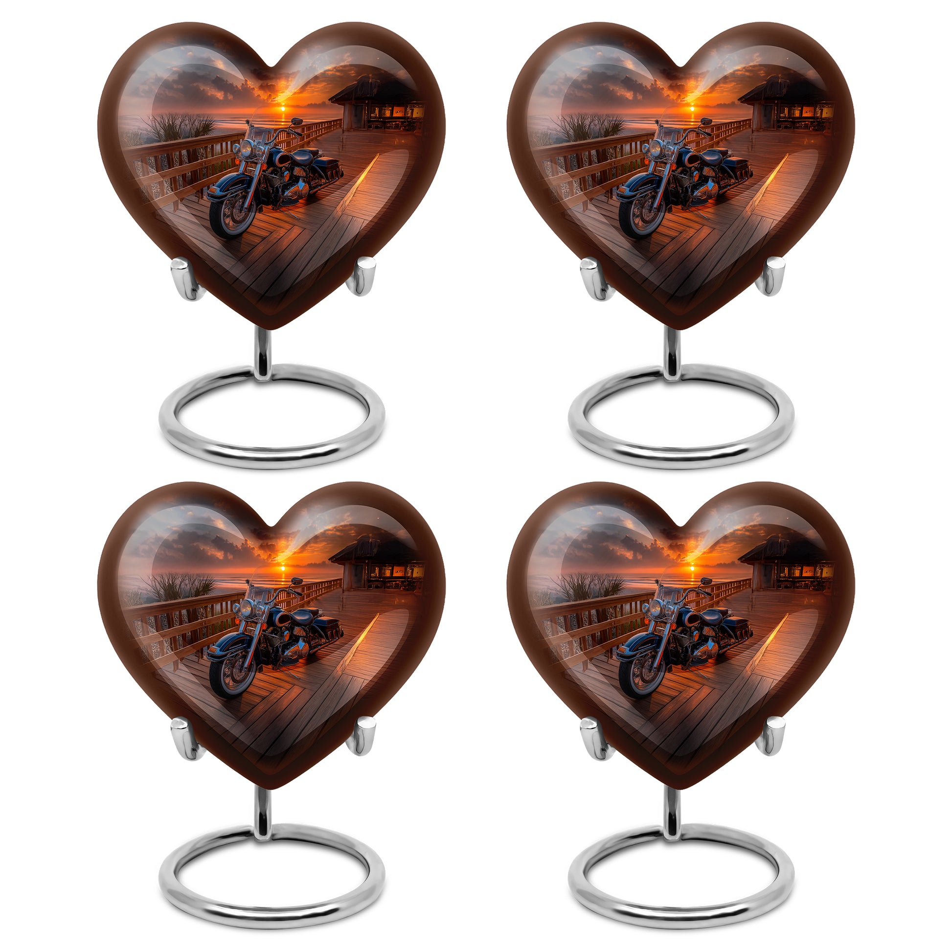 Jet Black Bike Cremation Urn angled view of lid and engraved motif - loving heart memorial featuring bike pattern - 10 inch aluminum urn for cremated remains