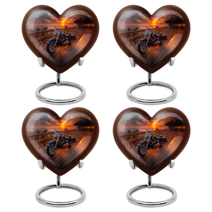 Jet Black Bike Cremation Urn angled view of lid and engraved motif - loving heart memorial featuring bike pattern - 10 inch aluminum urn for cremated remains