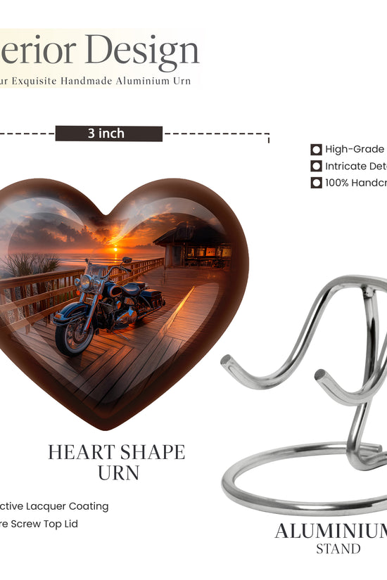 Charcoal Black Bike Cremation Urn front view showing detailed design - romantic heart urn with bike motif on aluminum - mini keepsake memorial for portion of cremation ashes