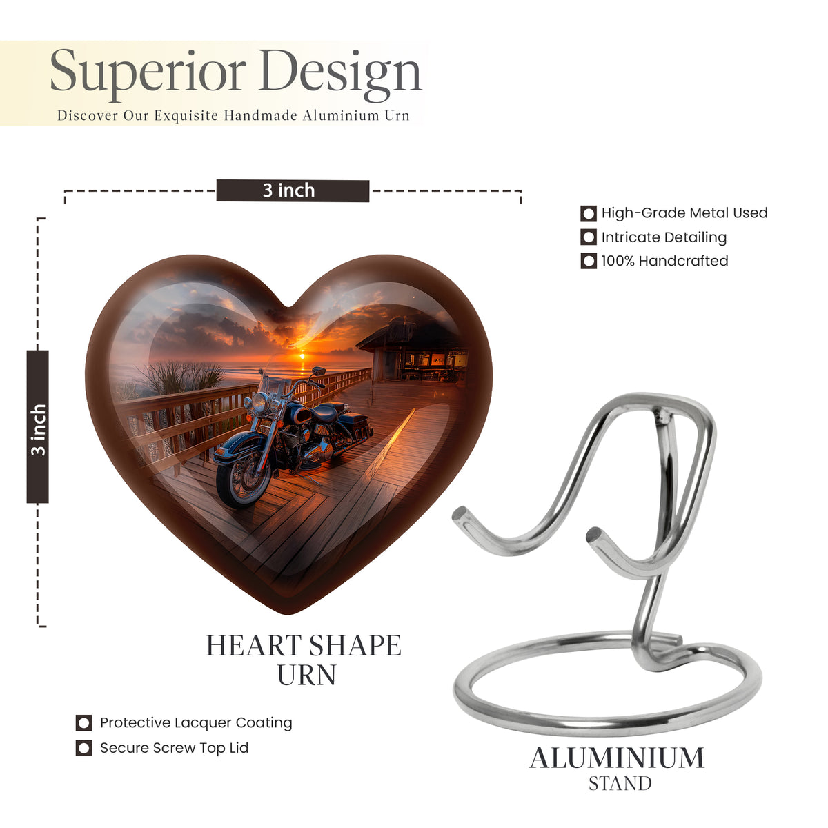 Charcoal Black Bike Cremation Urn front view showing detailed design - romantic heart urn with bike motif on aluminum - mini keepsake memorial for portion of cremation ashes