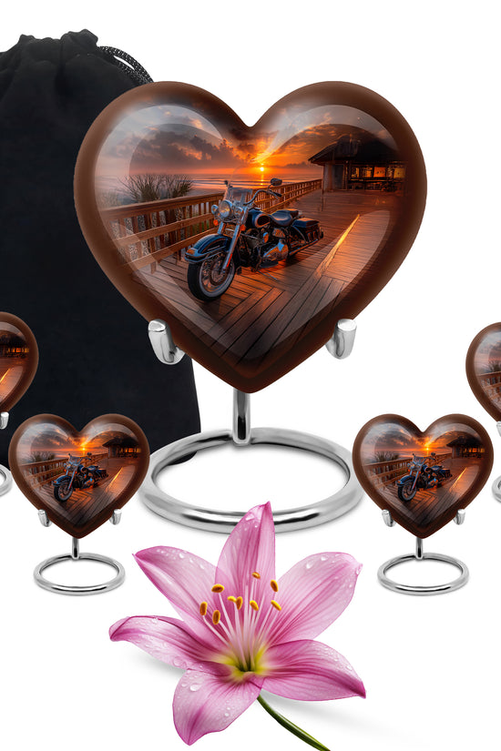 Obsidian Black Bike Cremation Urn close-up of engraving and surface detail - romantic heart urn with bike motif on aluminum - memorial set with one large and four small urns