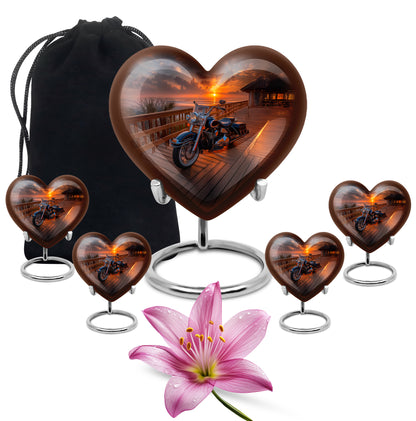Obsidian Black Bike Cremation Urn close-up of engraving and surface detail - romantic heart urn with bike motif on aluminum - memorial set with one large and four small urns