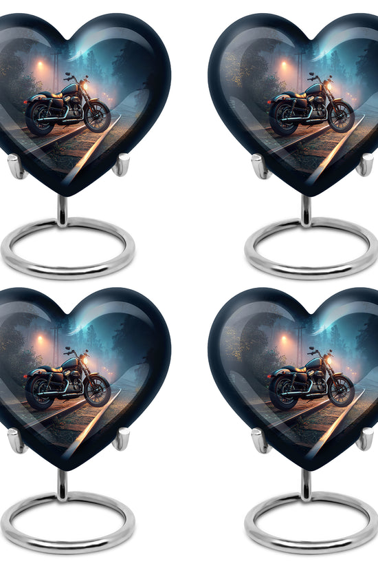 Cobalt Blue Bike Cremation Urn angled view of lid and engraved motif - romantic heart urn with bike motif on aluminum - 10 inch aluminum urn for cremated remains