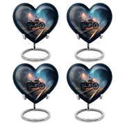 Cobalt Blue Bike Cremation Urn angled view of lid and engraved motif - romantic heart urn with bike motif on aluminum - 10 inch aluminum urn for cremated remains