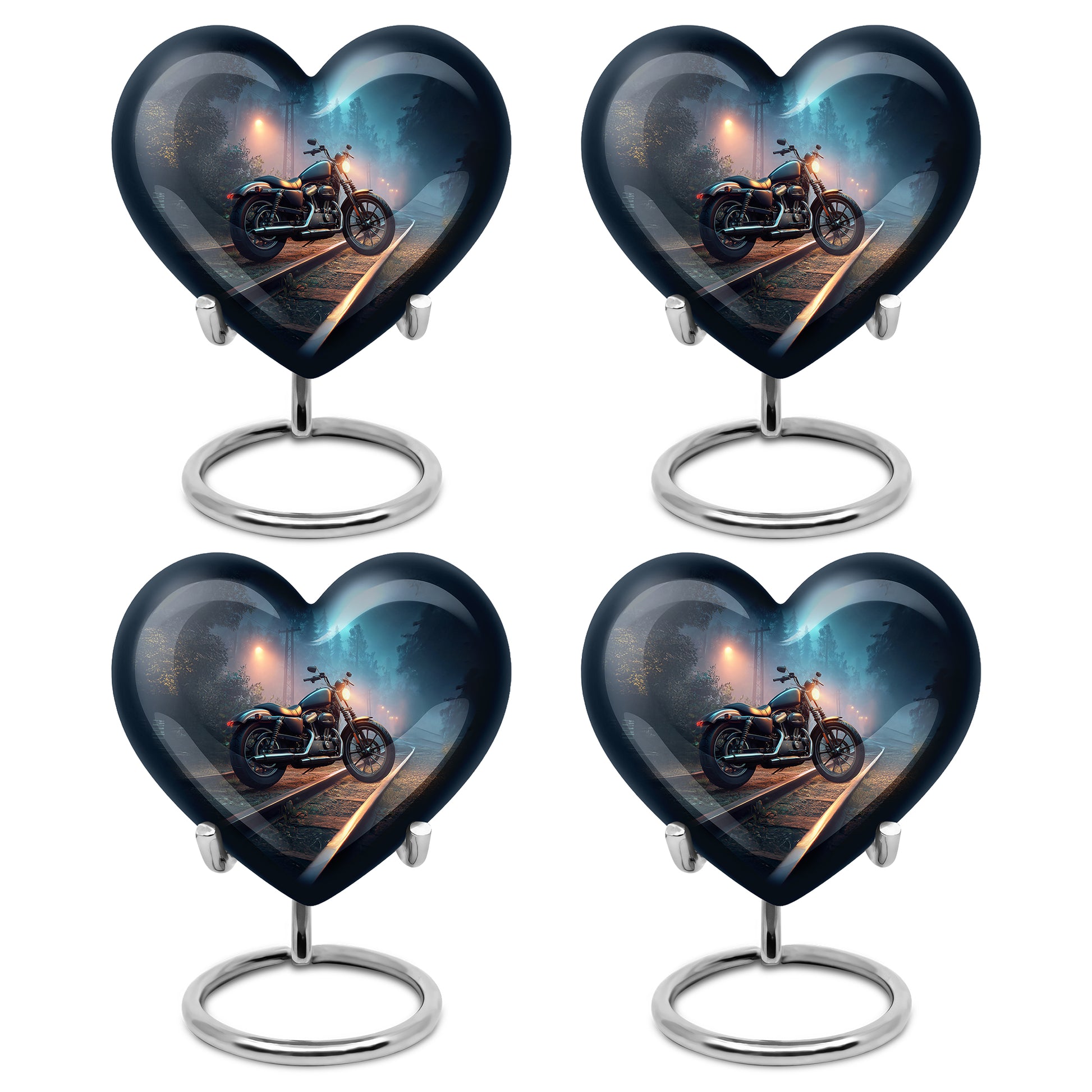 Cobalt Blue Bike Cremation Urn angled view of lid and engraved motif - romantic heart urn with bike motif on aluminum - 10 inch aluminum urn for cremated remains