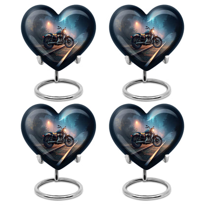 Cobalt Blue Bike Cremation Urn angled view of lid and engraved motif - romantic heart urn with bike motif on aluminum - 10 inch aluminum urn for cremated remains