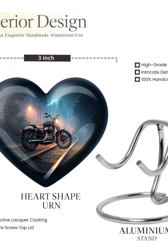 Serene Blue Bike Cremation Urn front view showing detailed design - romantic heart urn with bike motif on aluminum - mini keepsake memorial for portion of cremation ashes
