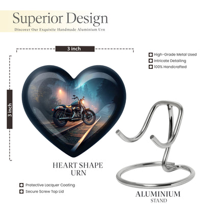 Serene Blue Bike Cremation Urn front view showing detailed design - romantic heart urn with bike motif on aluminum - mini keepsake memorial for portion of cremation ashes