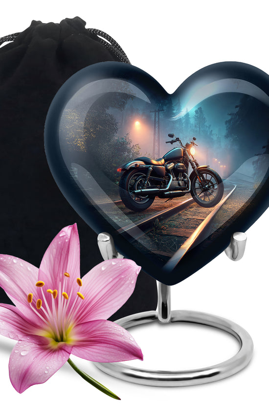 Royal Blue Bike Cremation Urn detail view - compassionate heart-bike combination with gentle curves - full-size 10 inch 200 cubic inch adult cremation urn