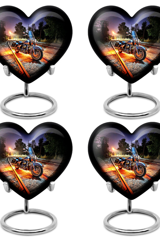 Slate Blue Bike Cremation Urn angled view of lid and engraved motif - heart-shaped bike design symbolizing eternal love - 10 inch aluminum urn for cremated remains