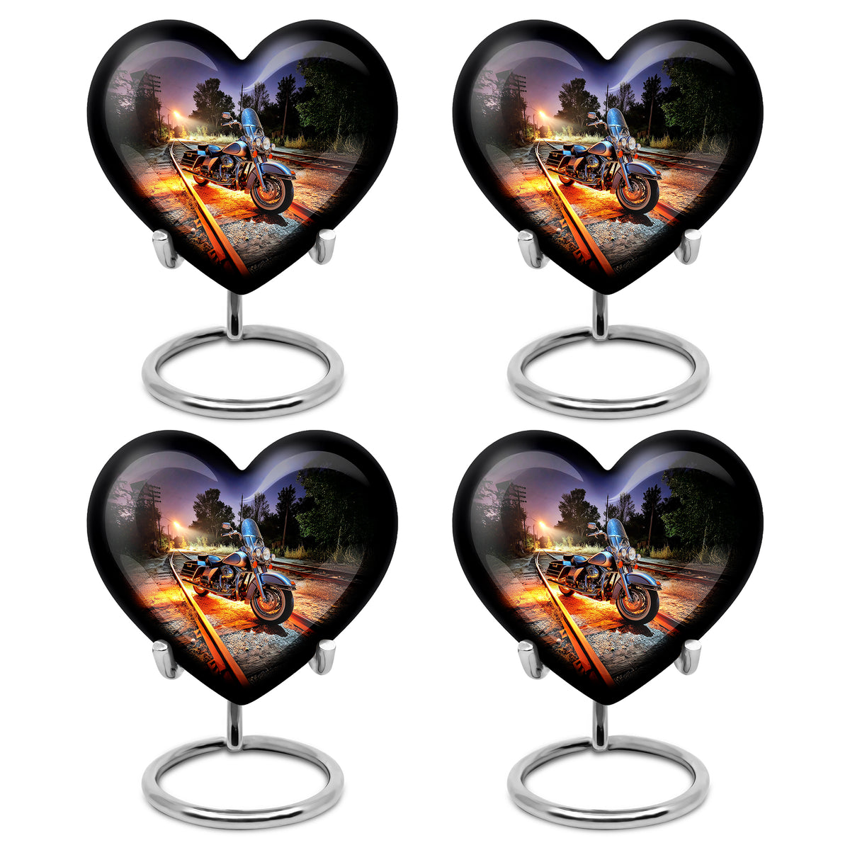 Slate Blue Bike Cremation Urn angled view of lid and engraved motif - heart-shaped bike design symbolizing eternal love - 10 inch aluminum urn for cremated remains