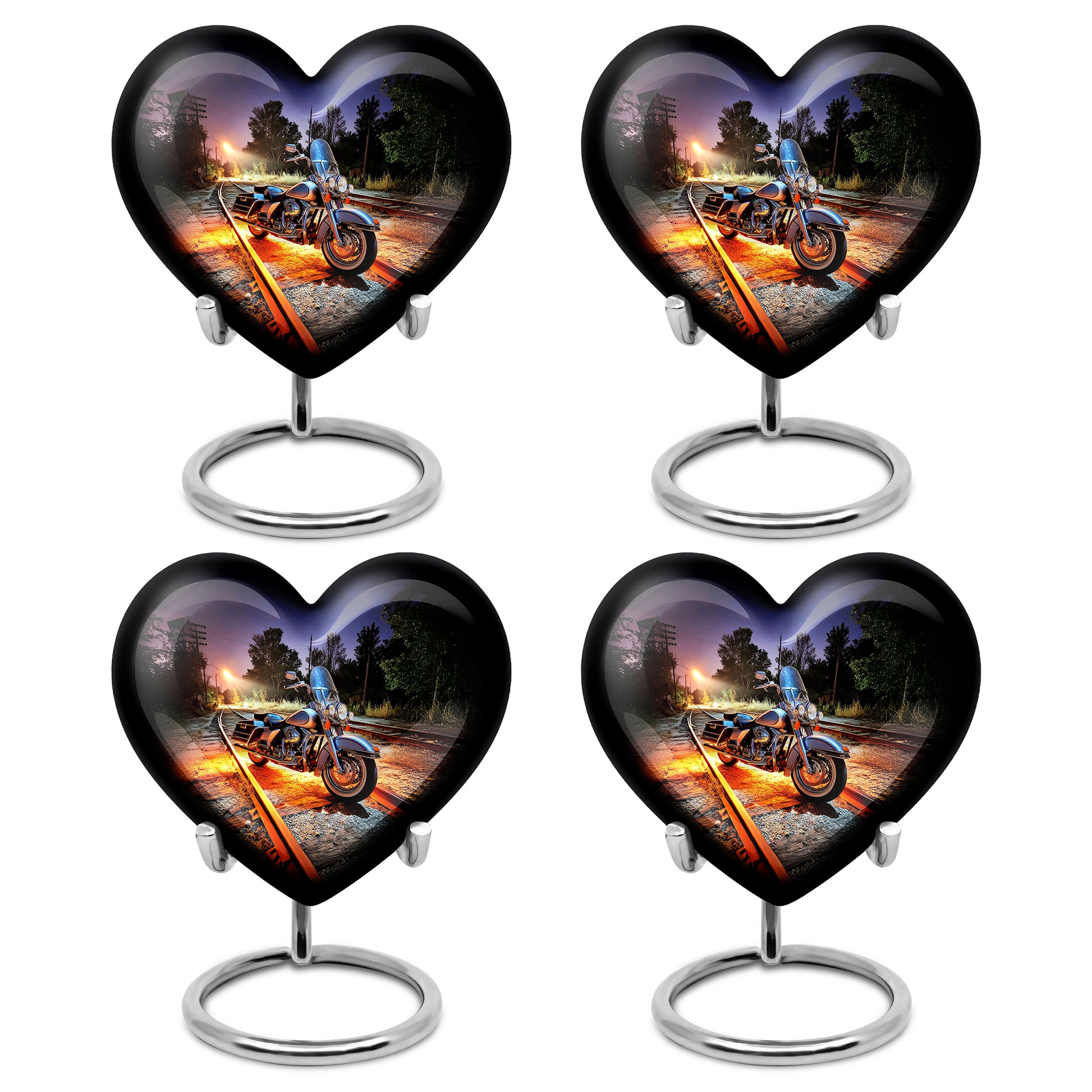 Slate Blue Bike Cremation Urn angled view of lid and engraved motif - heart-shaped bike design symbolizing eternal love - 10 inch aluminum urn for cremated remains