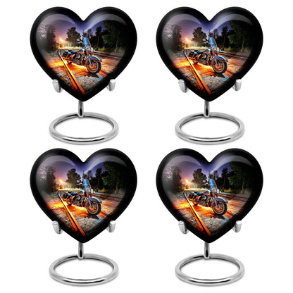 Slate Blue Bike Cremation Urn angled view of lid and engraved motif - heart-shaped bike design symbolizing eternal love - 10 inch aluminum urn for cremated remains