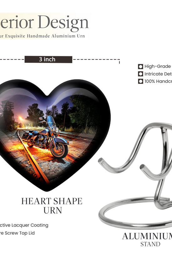 Soft Blue Bike Cremation Urn front view showing detailed design - romantic heart urn with bike motif on aluminum - mini keepsake memorial for portion of cremation ashes
