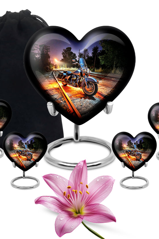 Slate Blue Bike Cremation Urn close-up of engraving and surface detail - loving heart memorial featuring bike pattern - memorial set with one large and four small urns