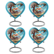 Sea Green Teal Bike Cremation Urn angled view of lid and engraved motif - heart-shaped bike design symbolizing eternal love - 10 inch aluminum urn for cremated remains