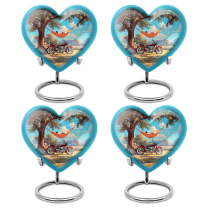 Sea Green Teal Bike Cremation Urn angled view of lid and engraved motif - heart-shaped bike design symbolizing eternal love - 10 inch aluminum urn for cremated remains