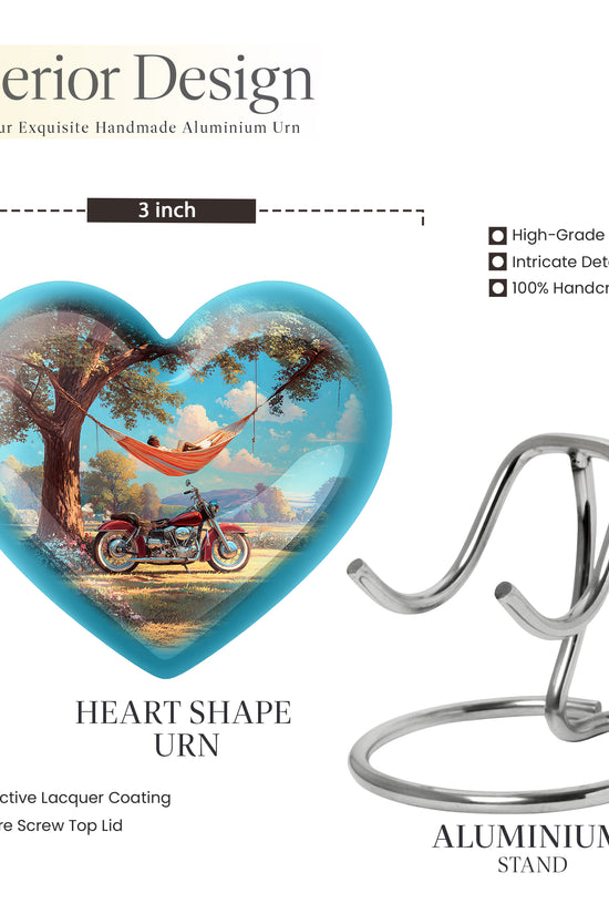 Jewel Teal Bike Cremation Urn front view showing detailed design - loving heart memorial featuring bike pattern - mini keepsake memorial for portion of cremation ashes