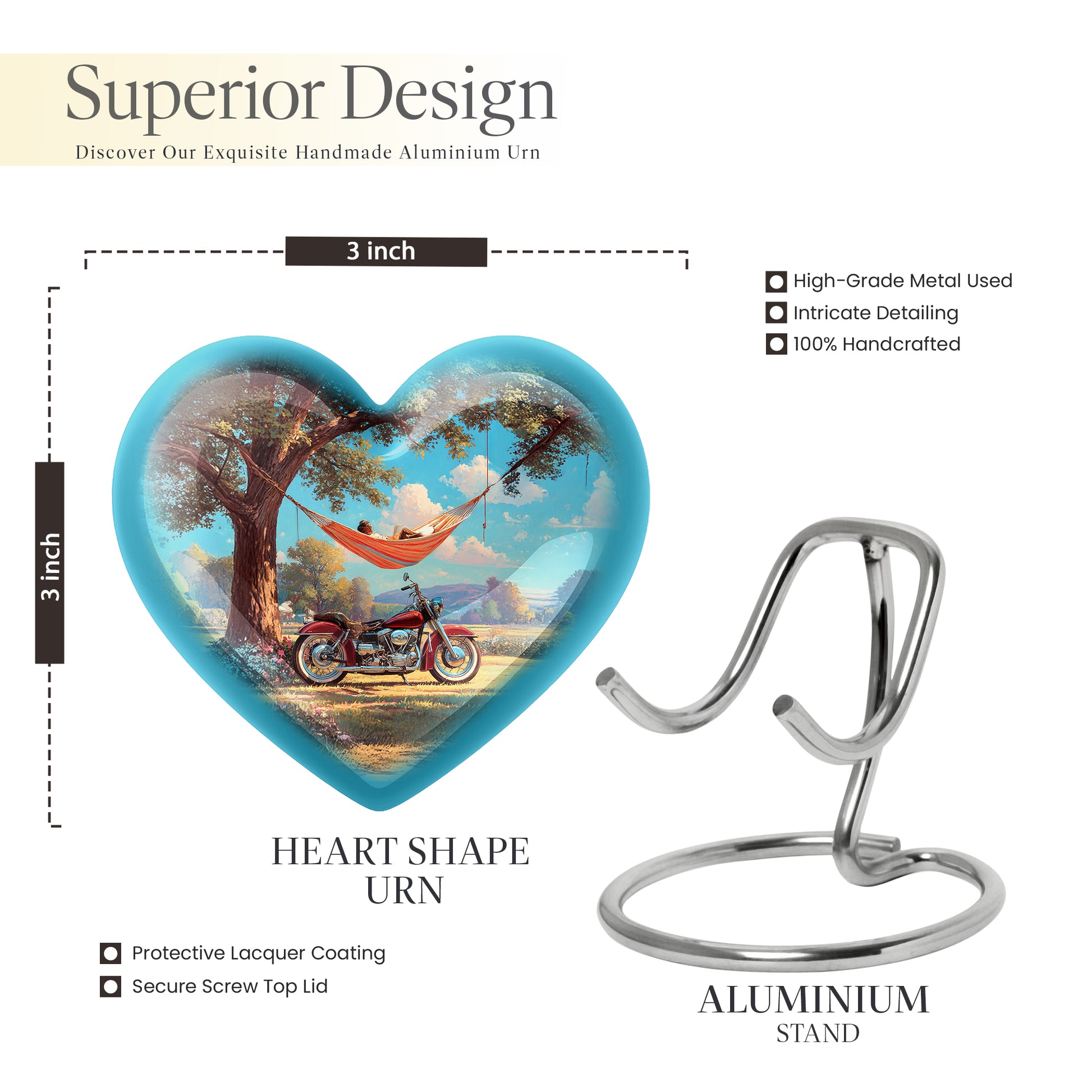 Jewel Teal Bike Cremation Urn front view showing detailed design - loving heart memorial featuring bike pattern - mini keepsake memorial for portion of cremation ashes