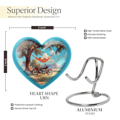 Jewel Teal Bike Cremation Urn front view showing detailed design - loving heart memorial featuring bike pattern - mini keepsake memorial for portion of cremation ashes