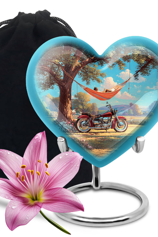 Jewel Teal Bike Cremation Urn detail view - loving heart memorial featuring bike pattern - full-size 10 inch 200 cubic inch adult cremation urn
