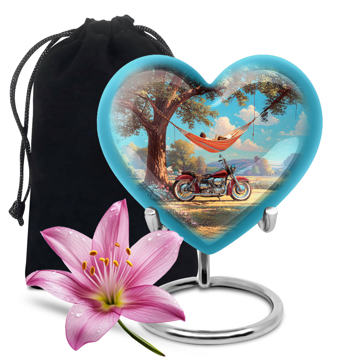 Jewel Teal Bike Cremation Urn detail view - loving heart memorial featuring bike pattern - full-size 10 inch 200 cubic inch adult cremation urn