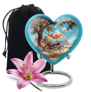Jewel Teal Bike Cremation Urn detail view - loving heart memorial featuring bike pattern - full-size 10 inch 200 cubic inch adult cremation urn