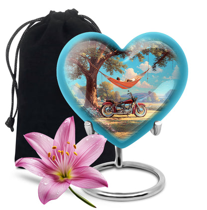 Jewel Teal Bike Cremation Urn detail view - loving heart memorial featuring bike pattern - full-size 10 inch 200 cubic inch adult cremation urn