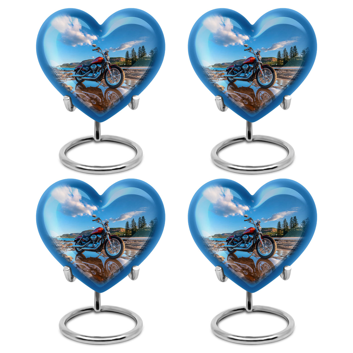 Dusty Blue Bike Cremation Urn angled view of lid and engraved motif - loving heart memorial featuring bike pattern - 10 inch aluminum urn for cremated remains