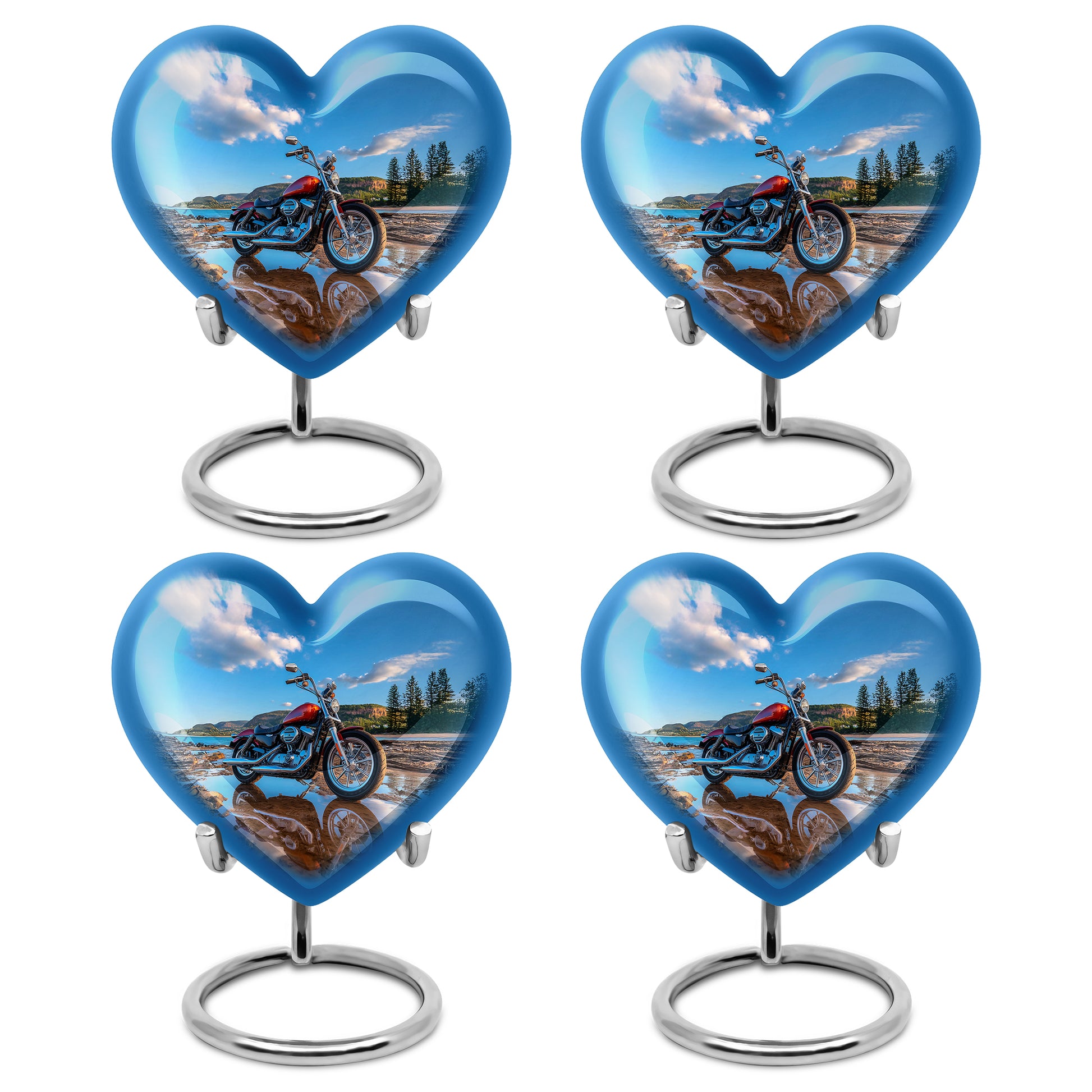 Dusty Blue Bike Cremation Urn angled view of lid and engraved motif - loving heart memorial featuring bike pattern - 10 inch aluminum urn for cremated remains
