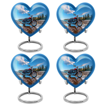 Dusty Blue Bike Cremation Urn angled view of lid and engraved motif - loving heart memorial featuring bike pattern - 10 inch aluminum urn for cremated remains