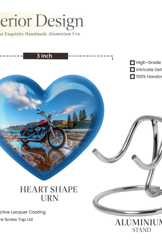 Misty Blue Bike Cremation Urn front view showing detailed design - loving heart memorial featuring bike pattern - mini keepsake memorial for portion of cremation ashes