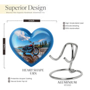 Misty Blue Bike Cremation Urn front view showing detailed design - loving heart memorial featuring bike pattern - mini keepsake memorial for portion of cremation ashes