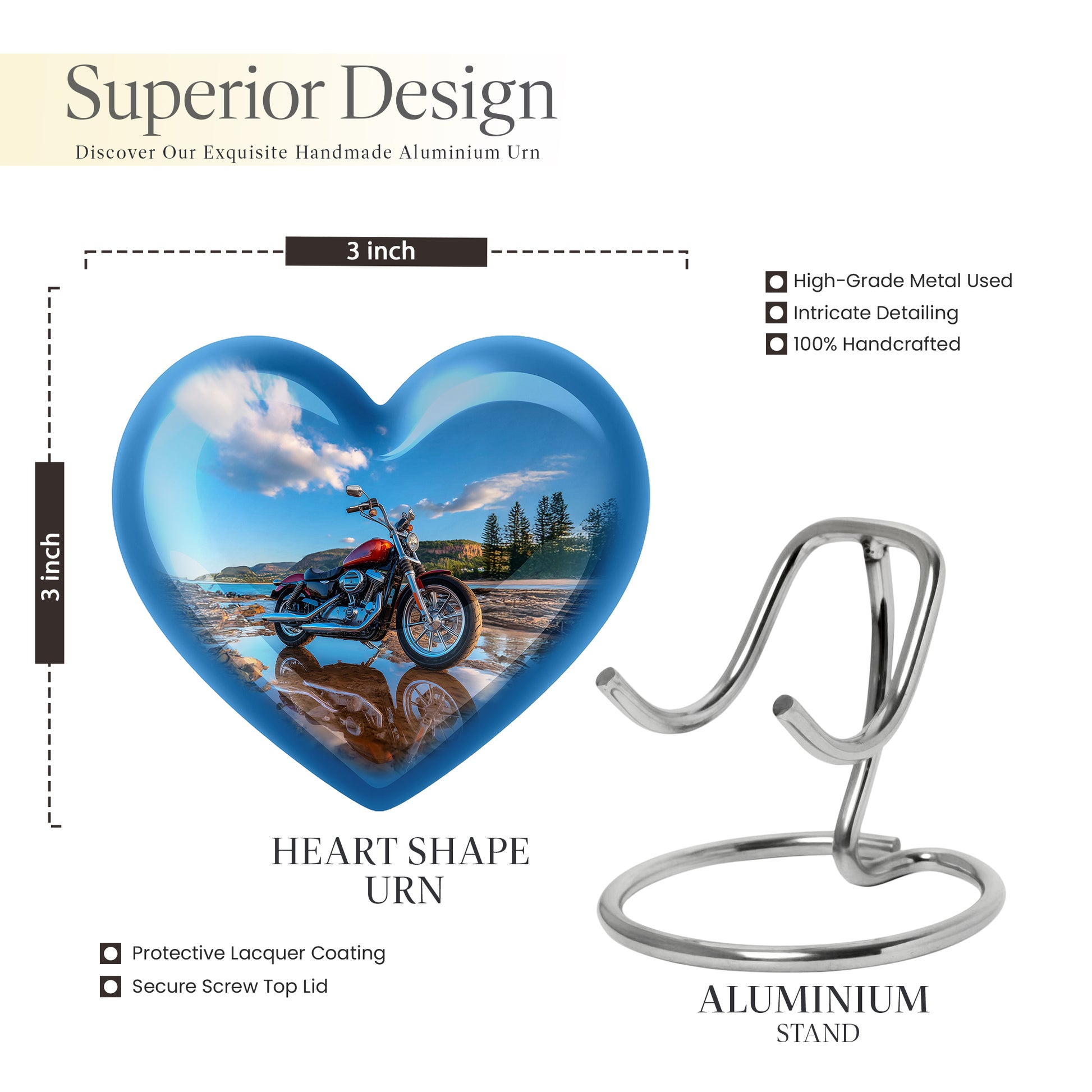 Misty Blue Bike Cremation Urn front view showing detailed design - loving heart memorial featuring bike pattern - mini keepsake memorial for portion of cremation ashes