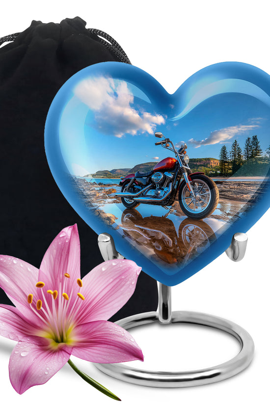 Soft Blue Bike Cremation Urn detail view - romantic heart urn with bike motif on aluminum - full-size 10 inch 200 cubic inch adult cremation urn