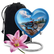 Soft Blue Bike Cremation Urn detail view - romantic heart urn with bike motif on aluminum - full-size 10 inch 200 cubic inch adult cremation urn