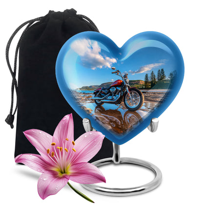 Soft Blue Bike Cremation Urn detail view - romantic heart urn with bike motif on aluminum - full-size 10 inch 200 cubic inch adult cremation urn