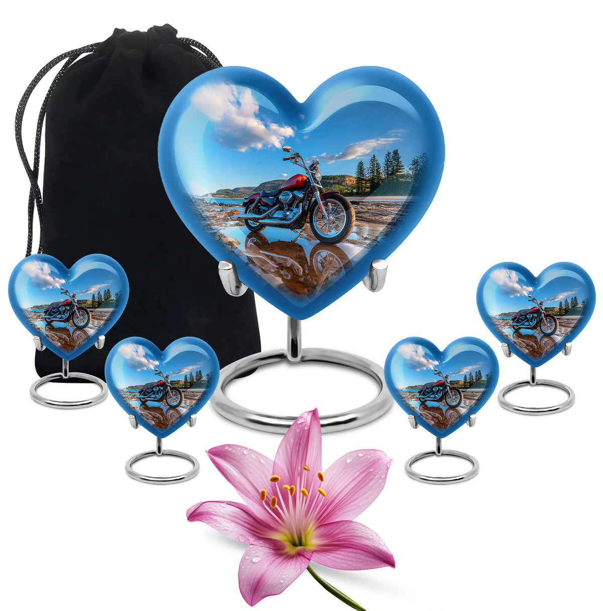 Twilight Blue Bike Cremation Urn close-up of engraving and surface detail - romantic heart urn with bike motif on aluminum - memorial set with one large and four small urns