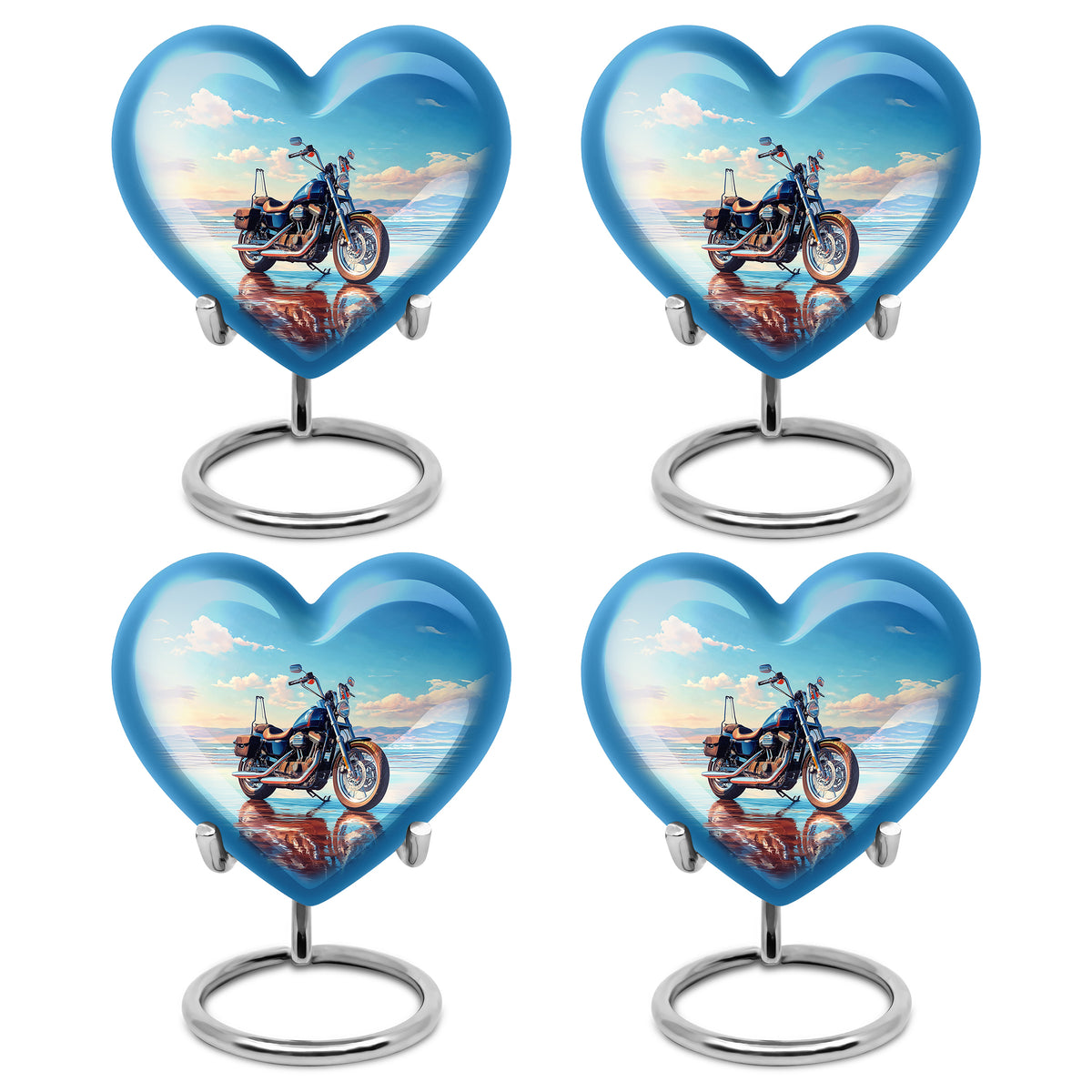 Powder Blue Bike Cremation Urn angled view of lid and engraved motif - heart-shaped bike design symbolizing eternal love - 10 inch aluminum urn for cremated remains