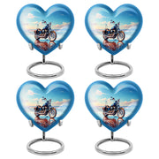 Powder Blue Bike Cremation Urn angled view of lid and engraved motif - heart-shaped bike design symbolizing eternal love - 10 inch aluminum urn for cremated remains
