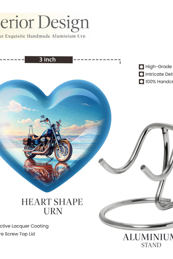 Powder Blue Bike Cremation Urn front view showing detailed design - heart-shaped bike design symbolizing eternal love - mini keepsake memorial for portion of cremation ashes