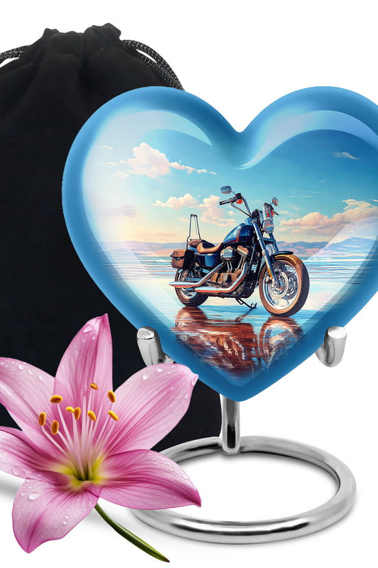 Pastel Blue Bike Cremation Urn detail view - loving heart memorial featuring bike pattern - full-size 10 inch 200 cubic inch adult cremation urn