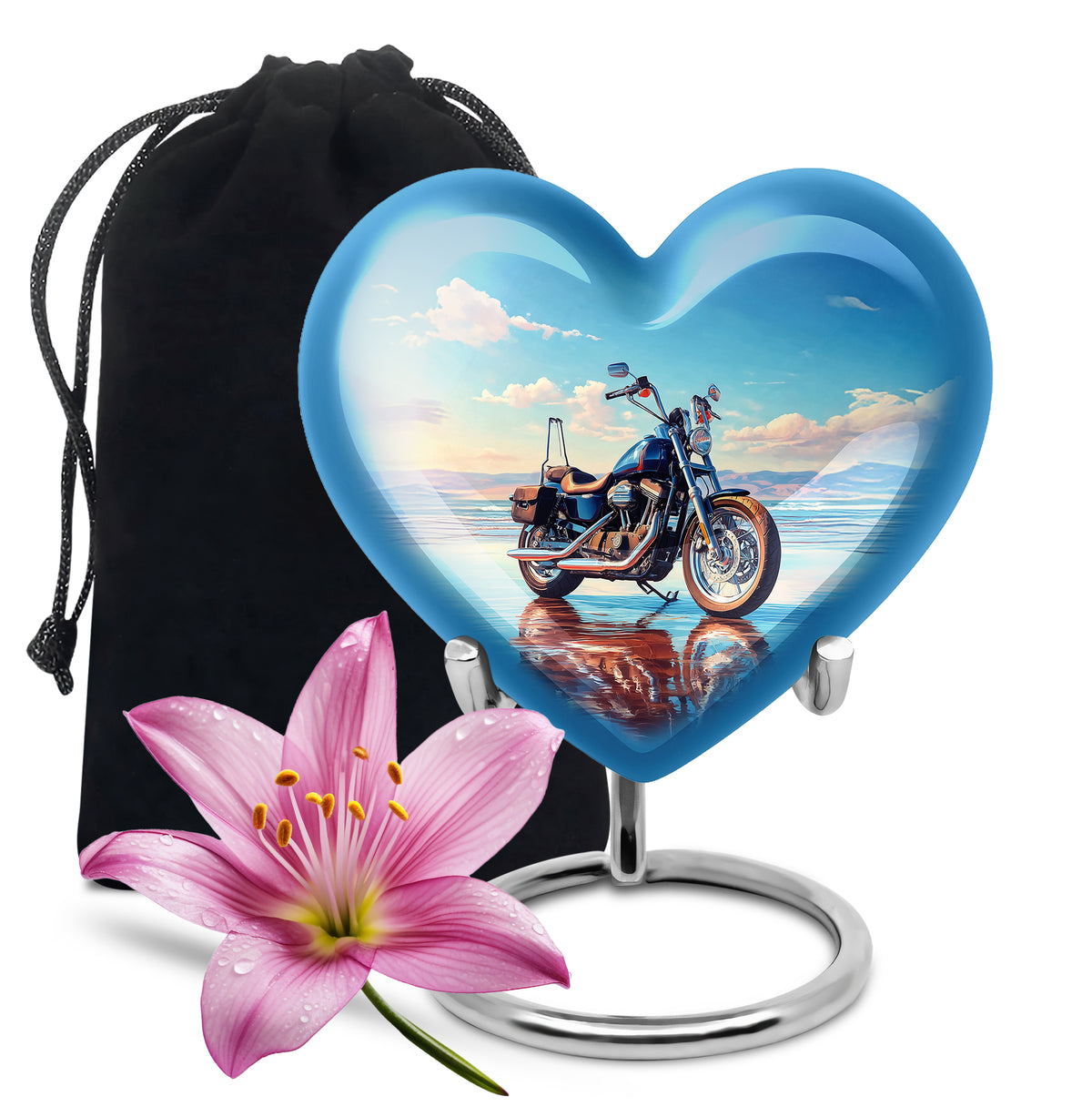 Pastel Blue Bike Cremation Urn detail view - loving heart memorial featuring bike pattern - full-size 10 inch 200 cubic inch adult cremation urn