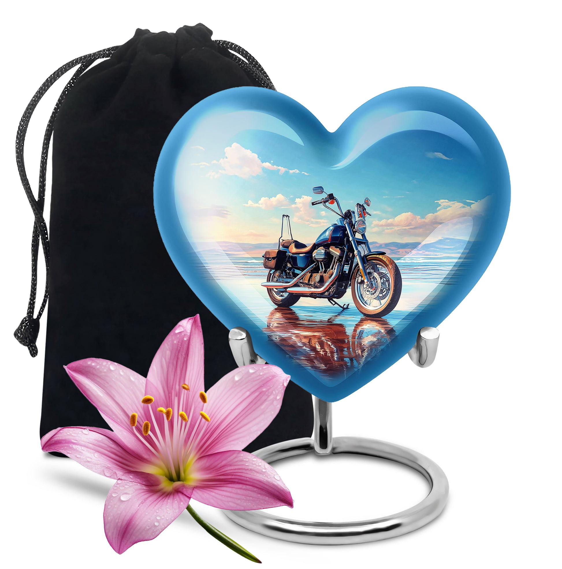 Pastel Blue Bike Cremation Urn detail view - loving heart memorial featuring bike pattern - full-size 10 inch 200 cubic inch adult cremation urn