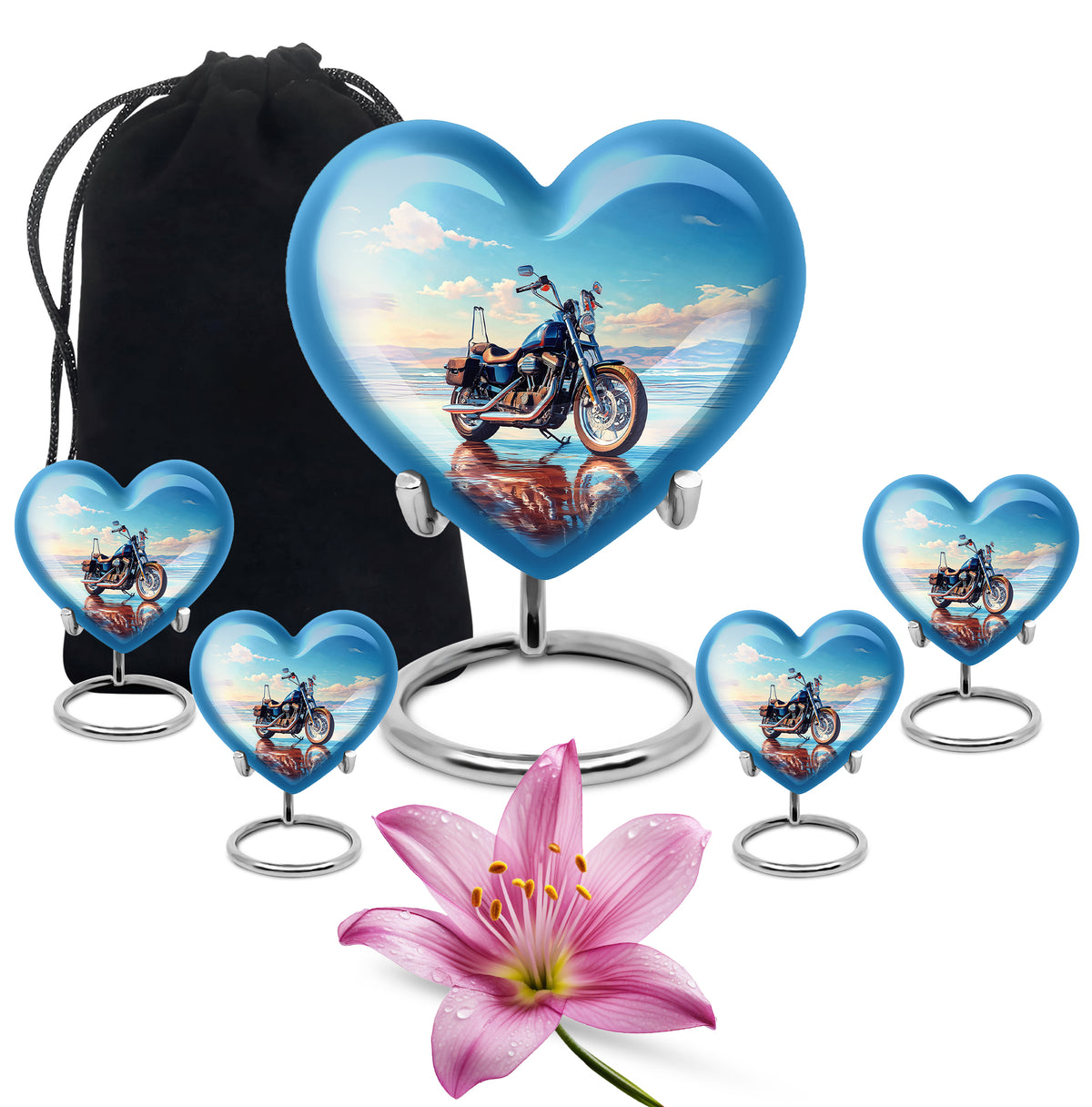 Soft Blue Bike Cremation Urn close-up of engraving and surface detail - romantic heart urn with bike motif on aluminum - memorial set with one large and four small urns
